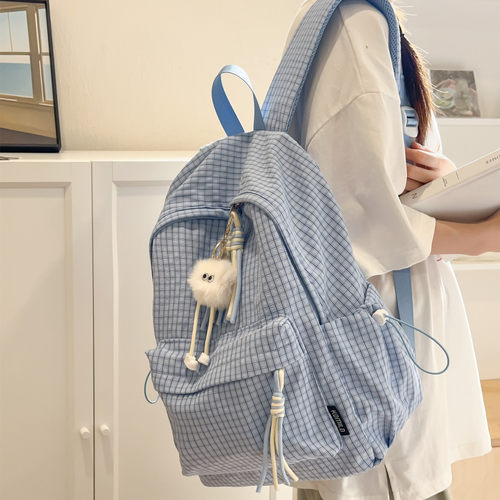 书包女ins风格子森系双肩包中大学生小众设计感百搭通勤出游背包