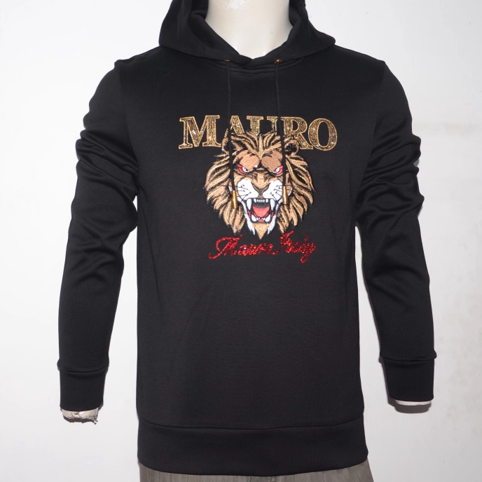 ML男装秋冬长袖厚连帽卫衣 轻奢绣花t恤衫 商务休闲黑色套头衫