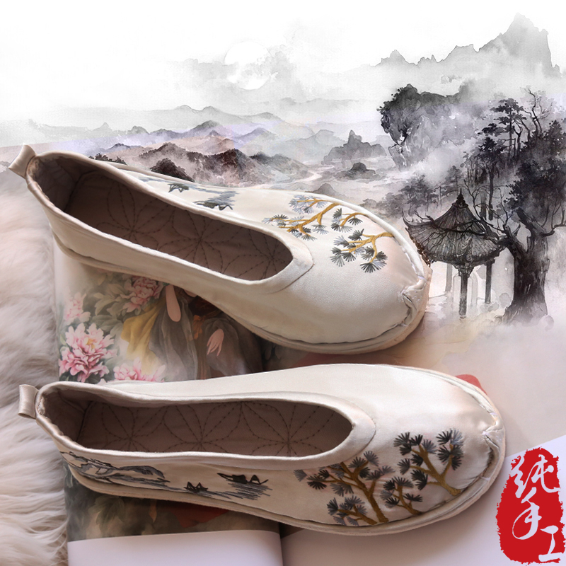 刺绣手工非遗秀禾绣花鞋女原创直销新款古风汉服鞋子复古水墨山水