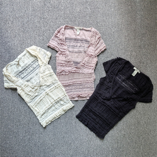 外单夏季深V领木耳边勾花设计弹力短款女上衣款温柔蕾丝日系T恤女