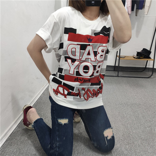 潮品宽松男女款字母印花嘻哈上衣打底衫 圆领绣花大码短袖纯棉 夏