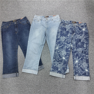 外贸大码女士印花牛仔裤夏季卷边薄款宽松直筒裤小个子九分裤牛仔