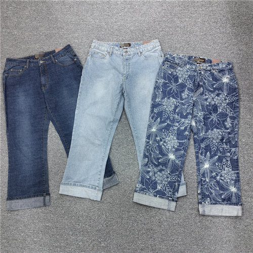 外贸大码女士印花牛仔裤夏季卷边薄款宽松直筒裤小个子九分裤牛仔