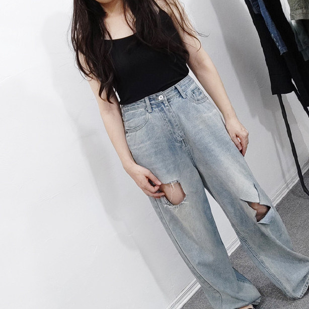 23款宽松时尚女装显瘦阔腿乞丐裤 破洞高腰直筒牛仔拖地长裤女 夏