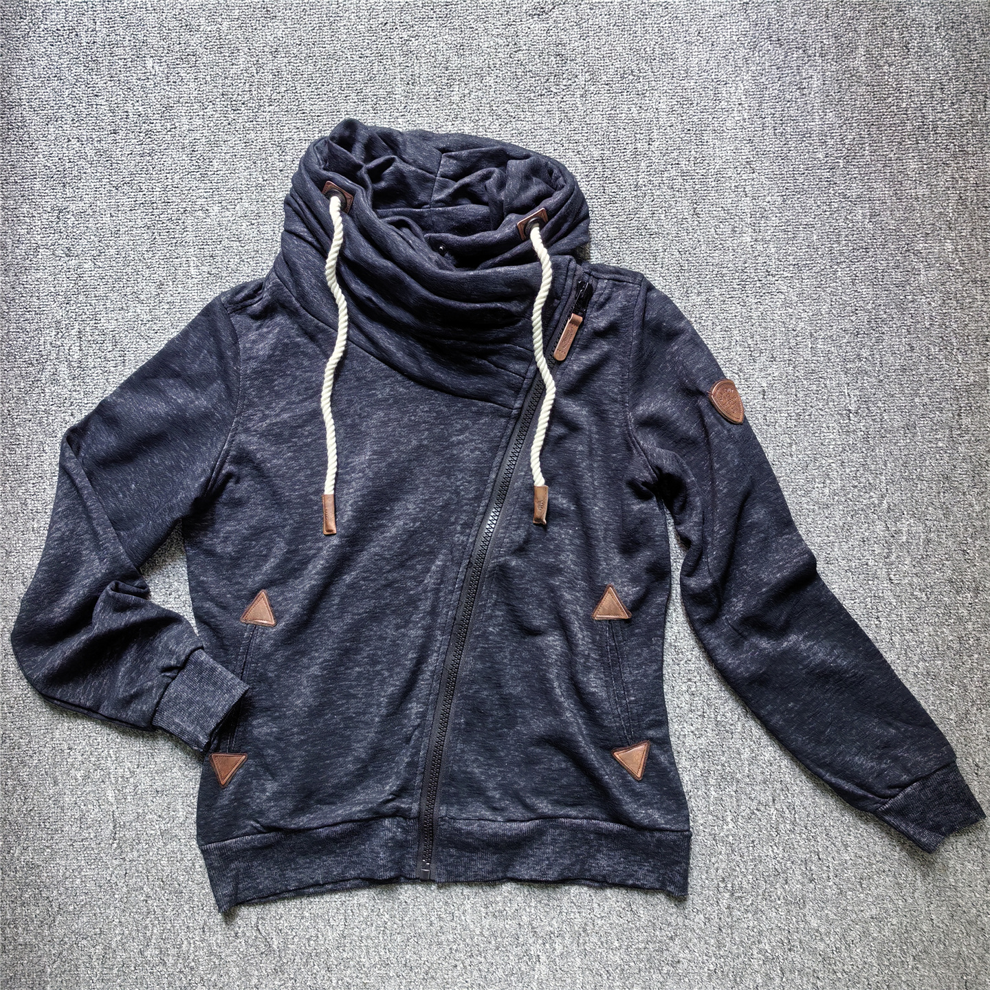 外贸春秋复古休闲弹力古早女外套上衣 高领抽绳针织卫衣外套