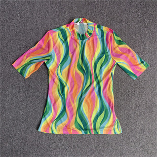 弹力透气网纱衣 t恤 夏季 多巴胺彩色波浪纹网纱半高领女士短袖