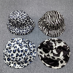 外贸日单秋冬季双层鱼夫帽 女款复古休闲斑马纹盆帽女