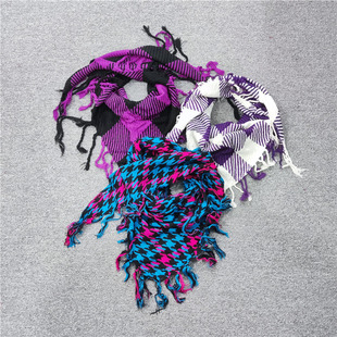 外贸秋冬款百搭古着风针织围脖 复古休闲格子毛线流苏三角巾 冬