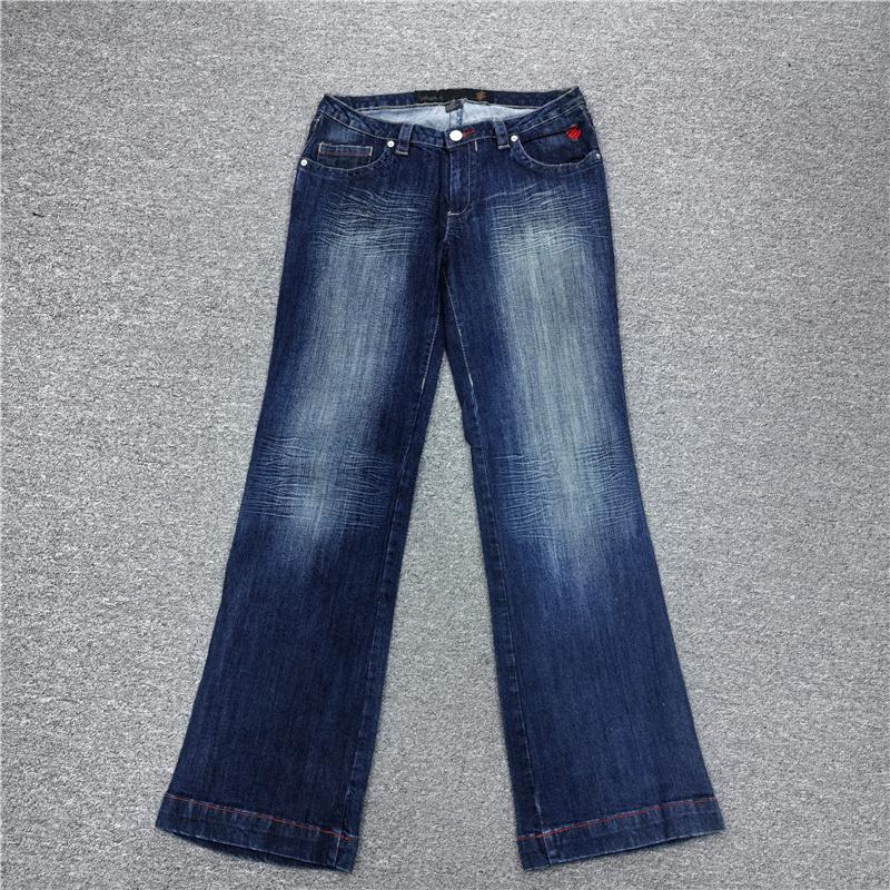 断码女士低腰宽松女直筒牛仔长裤绣花猫须磨白复古女裤弹力女裤子