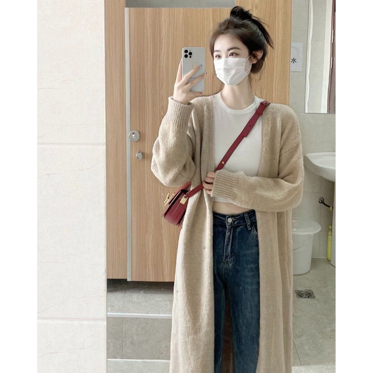 燕麦色针织开衫女高级感秋冬外搭绵羊绒中长款毛衣外套慵懒感宽松