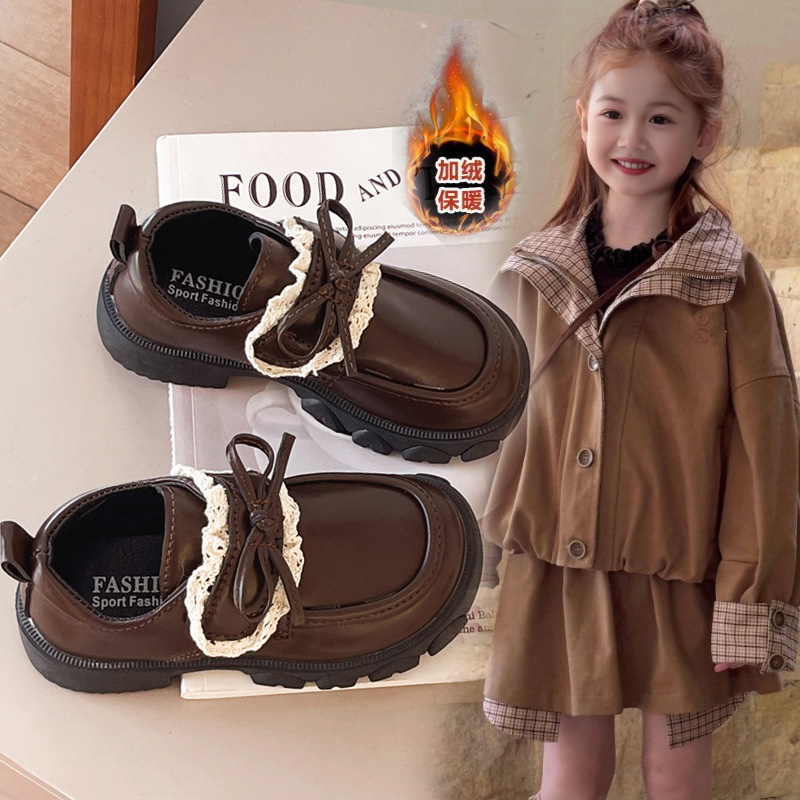 女童鞋子儿童公主皮鞋2025新款黑色秋冬软底二棉英伦乐福鞋花边