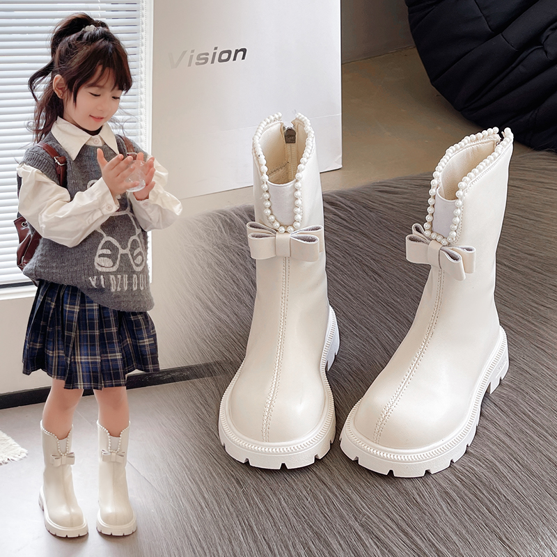 女童靴子秋款2025新款加绒长筒蝴蝶结皮靴公主靴小香风洋气短中靴