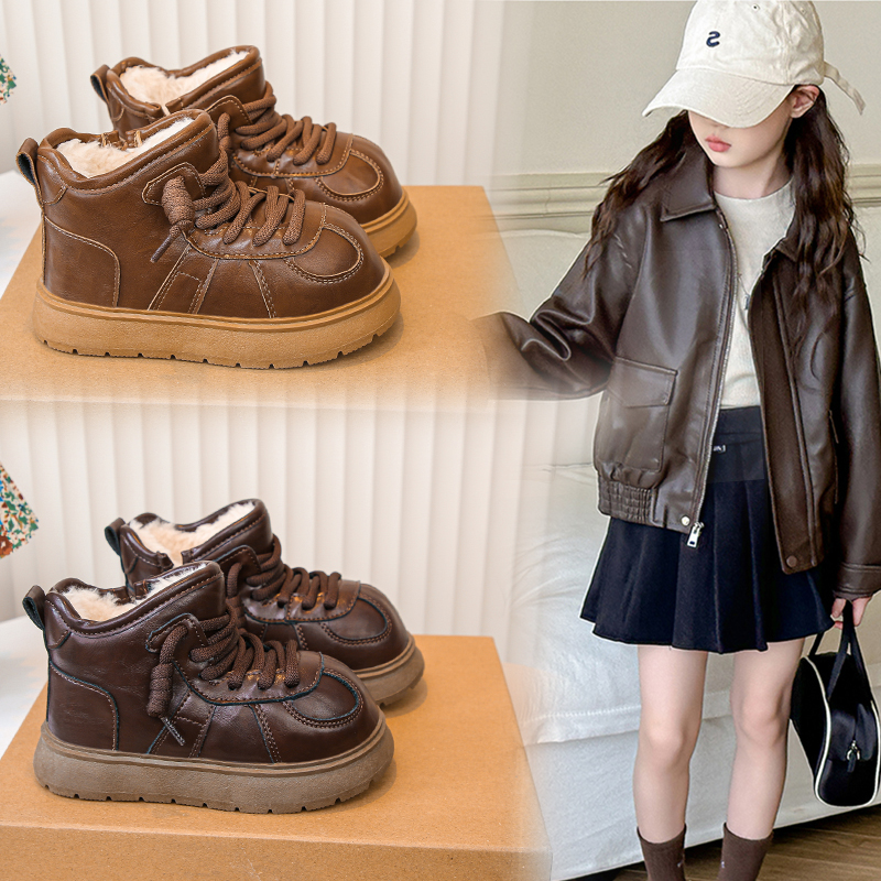 儿童冬季加绒大棉东北雪地靴女童侧拉链男童卡皮巴拉休闲平跟靴子