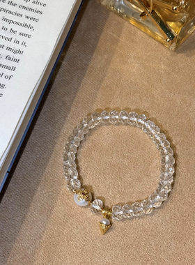 夏季新款女款手串天然白水晶手串S925银镀金甜筒珍珠奢侈时尚手链