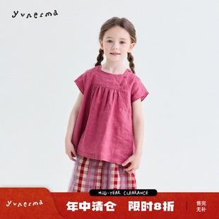 允儿妈女童法式纯亚麻花边娃娃衫儿童新款透气短袖宝宝薄款上衣潮