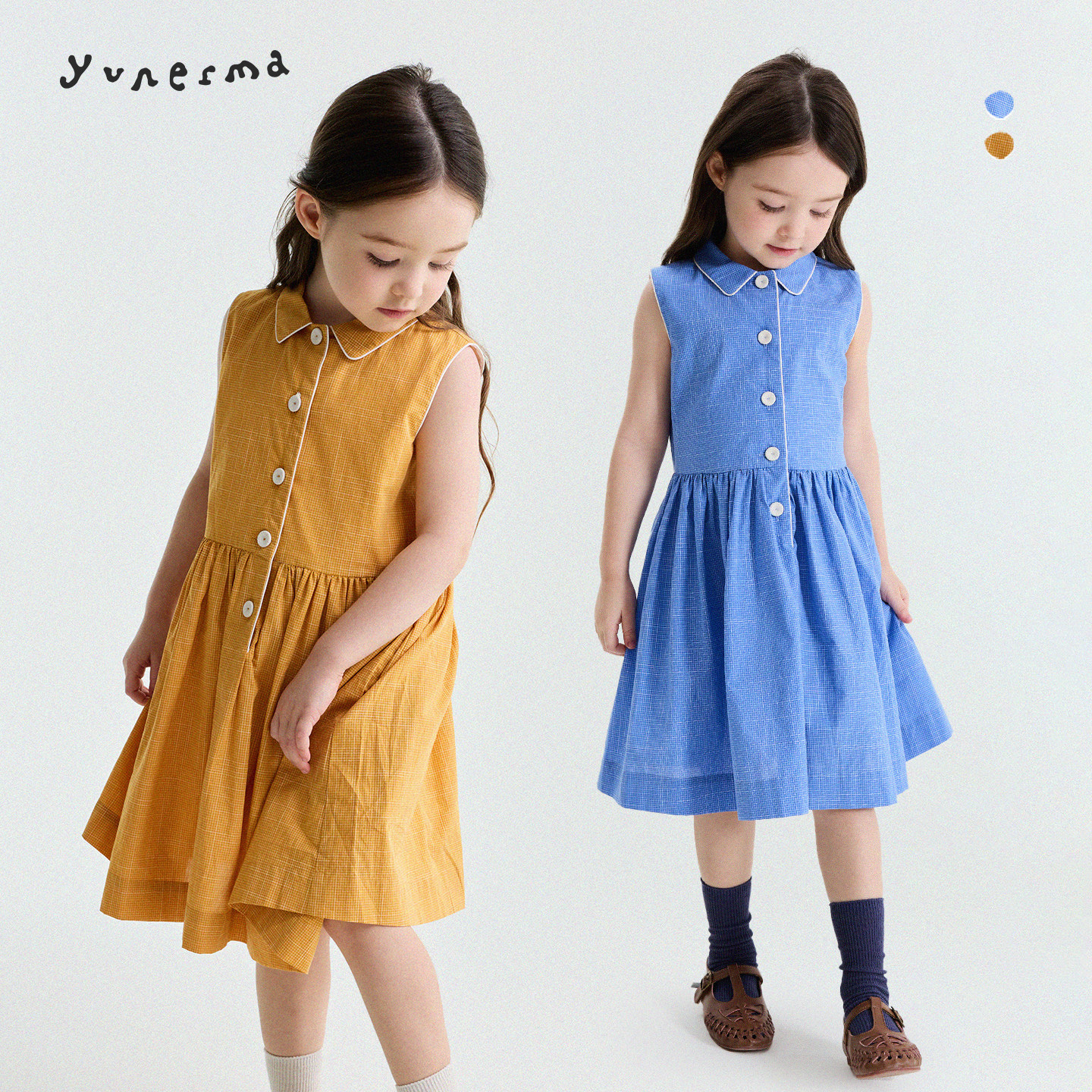 允儿妈女童夏季法式格子翻领背心裙儿童纯棉公主裙宝宝气质连衣裙