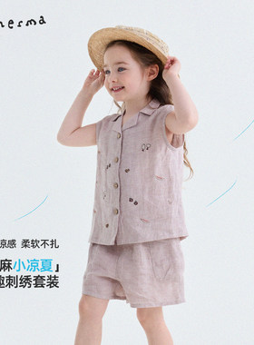 允儿妈女童纯亚麻背心短裤套装