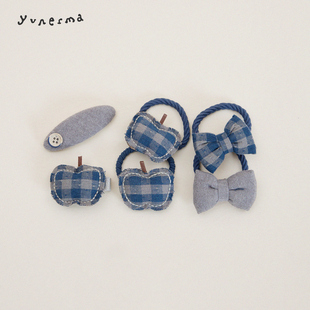 女童复古百搭双色格纹布艺发夹宝宝蝴蝶结发圈儿童头绳刘海夹发饰