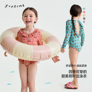 允儿妈女童夏季新款UPF50+防晒速干连体泳衣宝宝四季长袖花边泳装