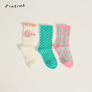 袜子 撞色棉袜宝宝时尚 女童2026春夏新款 韩系格子波点短袜儿童薄款