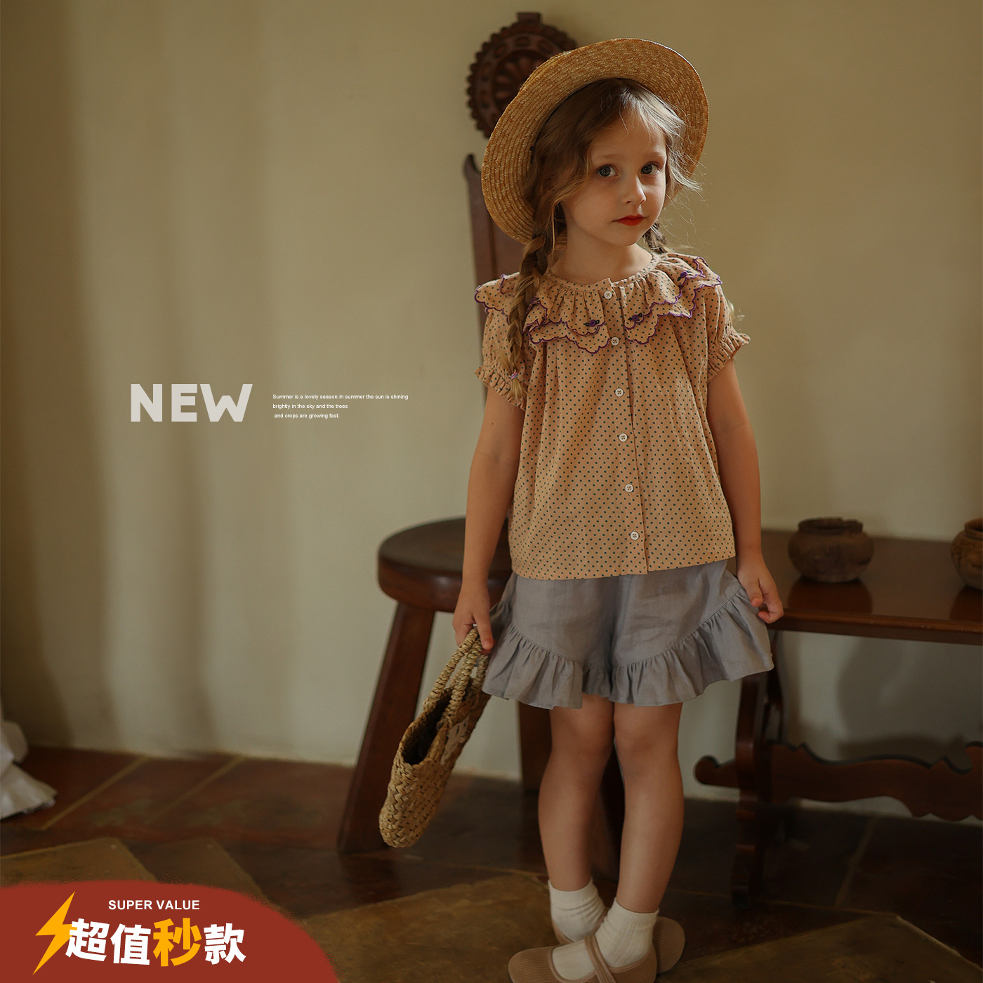 幼儿园宝宝百搭波点刺绣娃娃衫 允儿妈女童夏季洋气纯棉衬衫上衣