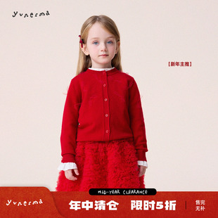 宝宝绵羊毛混纺蝴蝶结网纱毛衣开衫允儿妈女童新年圣诞红色针织衫