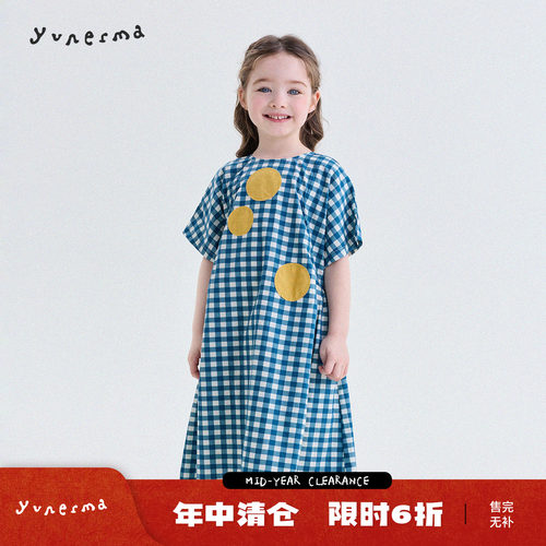 允儿妈女童韩系贴布格子连衣裙