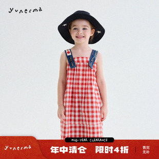允儿妈女童日系撞色牛仔背带格子吊带裙宝宝纯棉背心裙百搭连衣裙