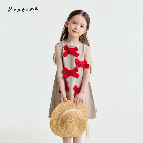 允儿妈纯亚麻蝴蝶结背心连衣裙