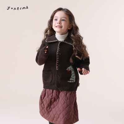 允儿妈女童翻领刺绣猫咪毛衣开衫