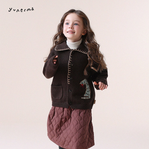 允儿妈女童翻领刺绣猫咪毛衣开衫