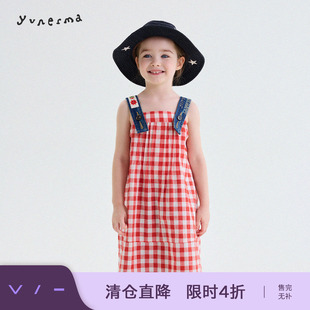 允儿妈女童日系撞色牛仔背带格子吊带裙宝宝纯棉背心裙百搭连衣裙