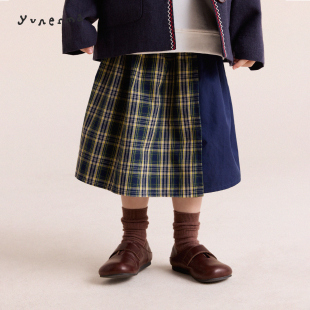 允儿妈女童春季 复古半裙儿童裙子 小众拼接格子半身裙女孩2026新款