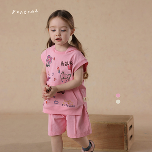 允儿妈女童夏季可爱卡通连帽背心宝宝洋气运动短裤儿童纯棉套装潮