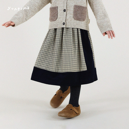 允儿妈女童冬季复古格子拼接半裙
