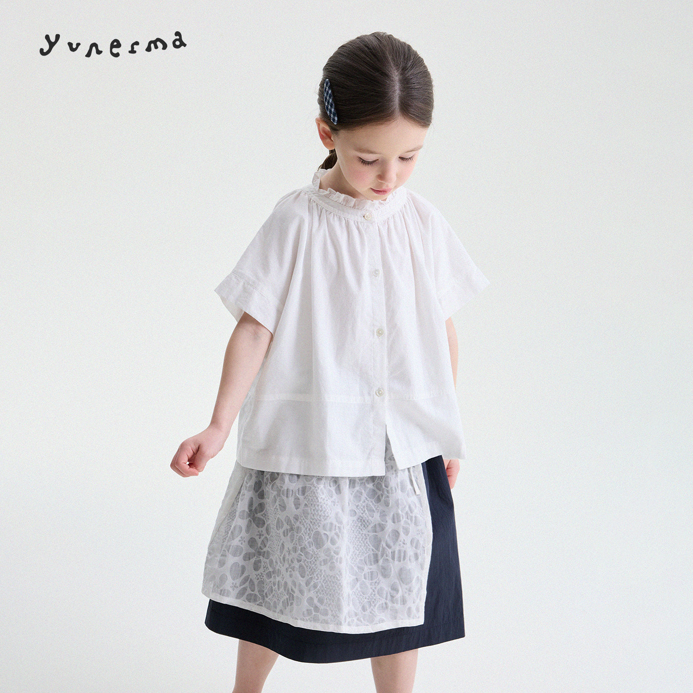 允儿妈女童夏季新款小众花边领娃娃衫儿童2026简约白衬衫宝宝短袖