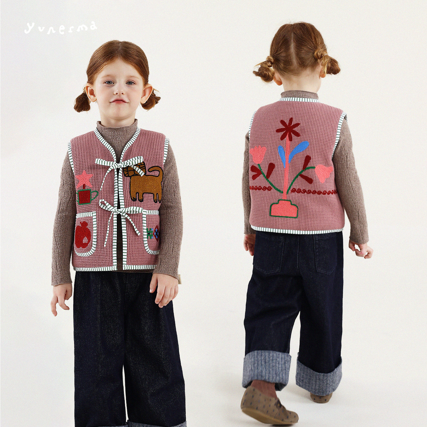 宝宝冬季小众刺绣纯棉背心允儿妈女童秋冬新款气质马甲儿童上衣潮