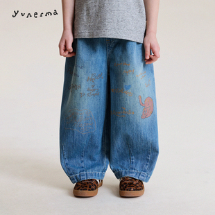 允儿妈女童春季新款日系涂鸦薄款牛仔裤儿童纯棉休闲裤宝宝裤子潮