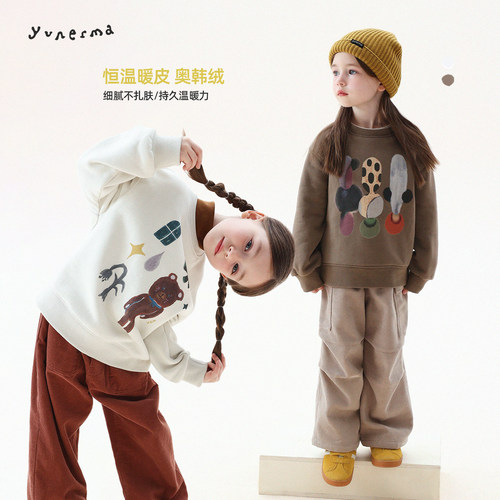 允儿妈女童冬季加绒圆领插画卫衣