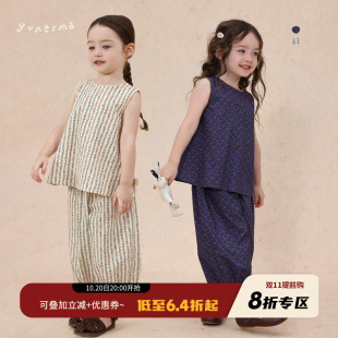 宝宝纯棉上衣裤 允儿妈女童2025夏季 套装 碎花背心花边灯笼裤 子 法式