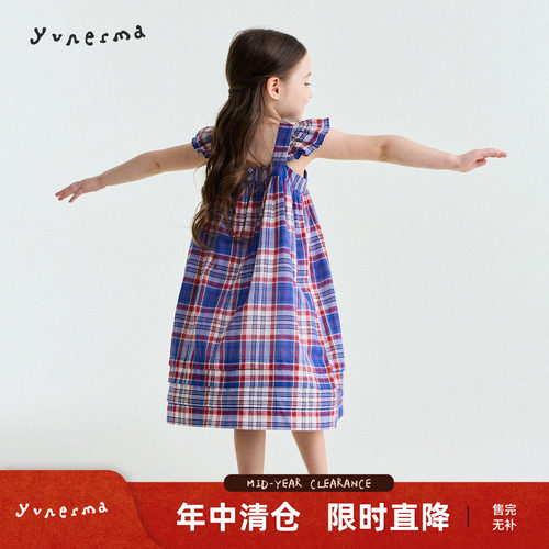 允儿妈女童复古格子飞袖连衣裙