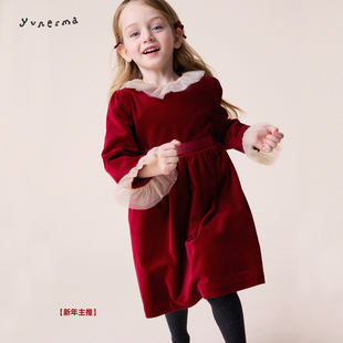 允儿妈女童2026新年复古红色丝绒蕾丝领连衣裙儿童圣诞公主裙裙子