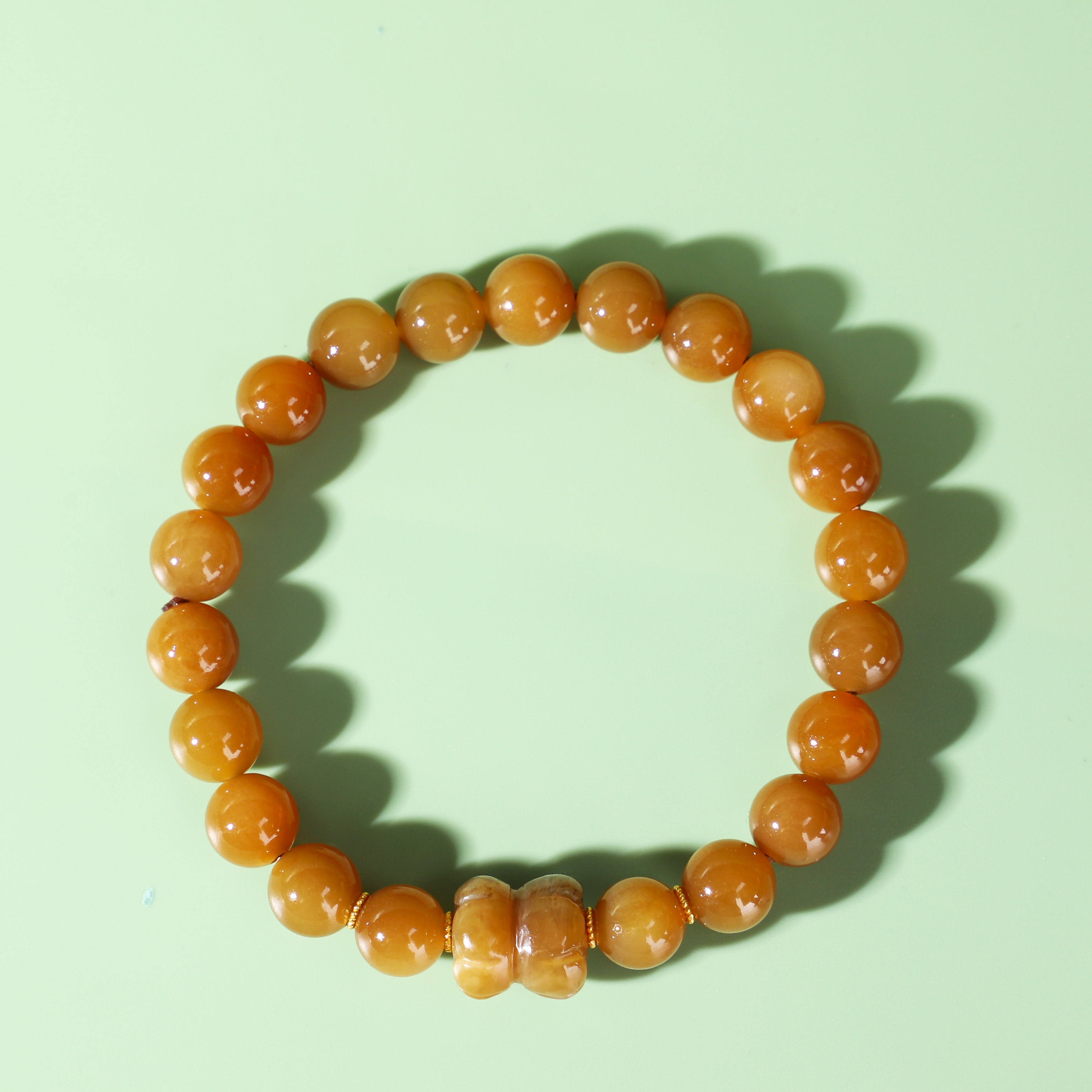 帝廷天然新疆和田玉和田玉糖玉切末糖圆珠并蒂莲花手链单圈8mm