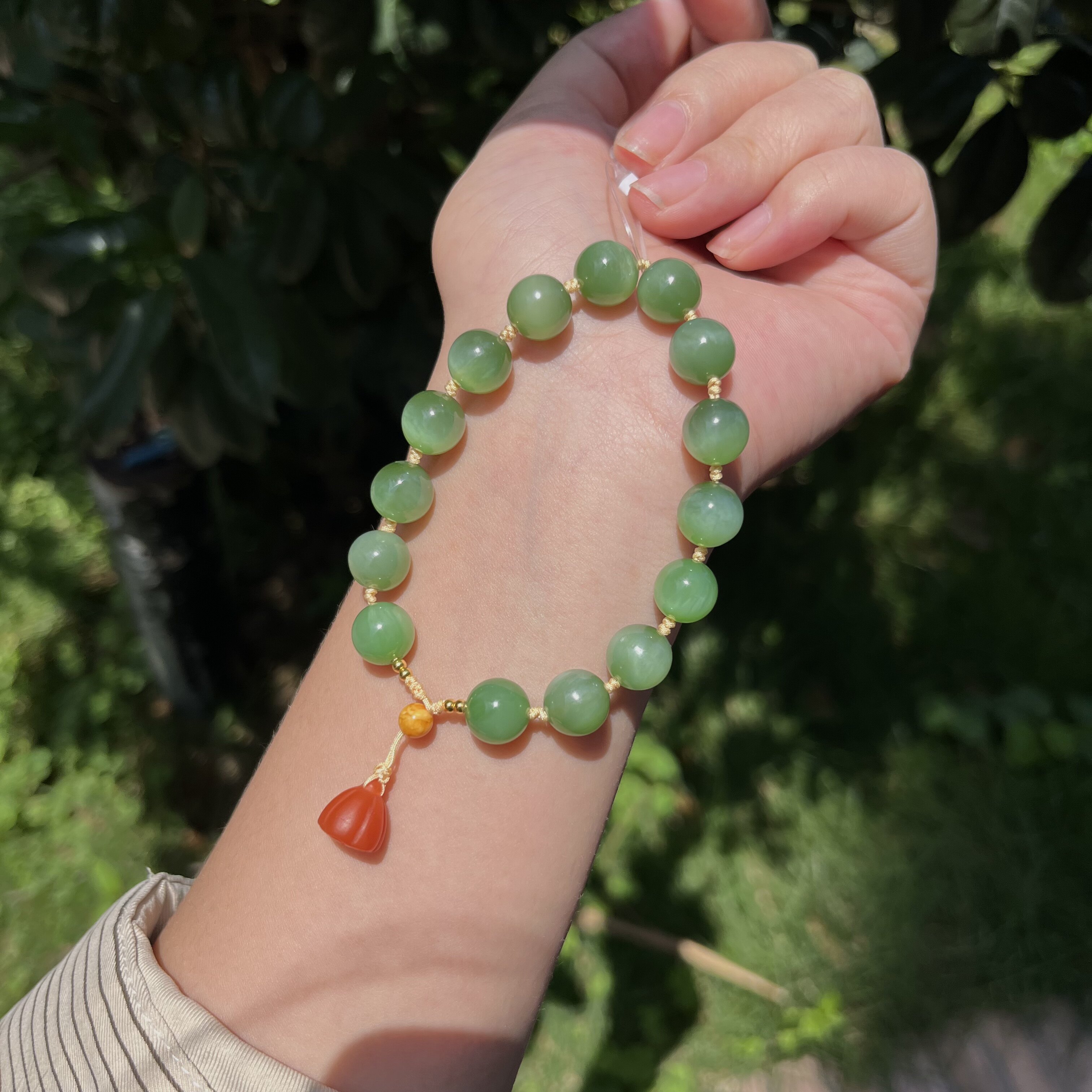 天然正品俄料碧玉猫眼手串粉青阳绿手工编织设计款手链文艺