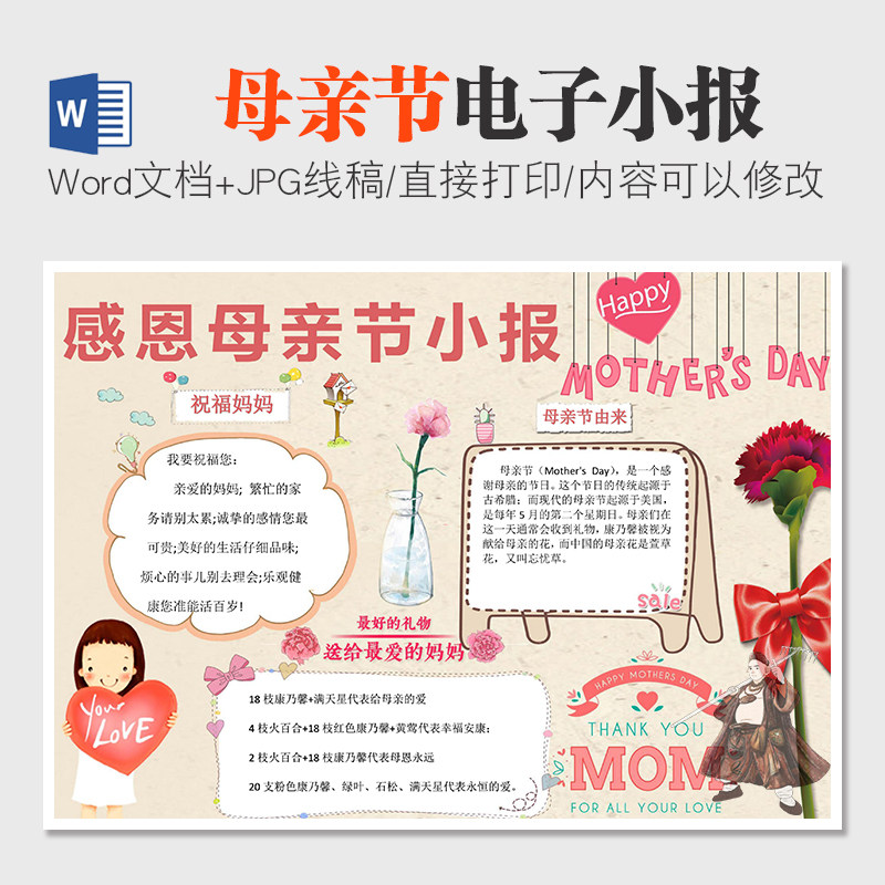 感恩母亲节电子手抄报模板可编辑带内容黑白线稿可打印涂色可定做