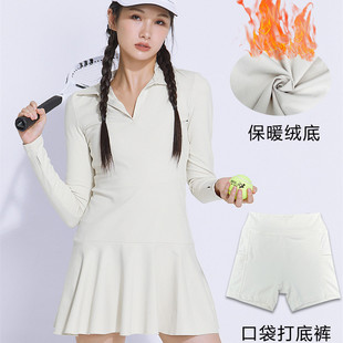 加细绒温网白色春秋新款 翻领高尔夫 加厚网球运动连衣裙保暖含底裤