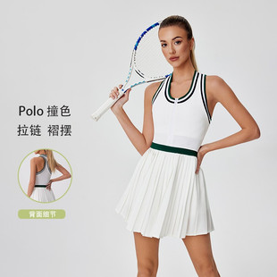 微胖加长高个半拉链高尔夫网球服百褶裙美背工字背心连衣裙运动
