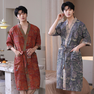 春夏季薄款浴袍男士纯棉双层纱布吸水速干全棉睡袍家居服浴衣新款