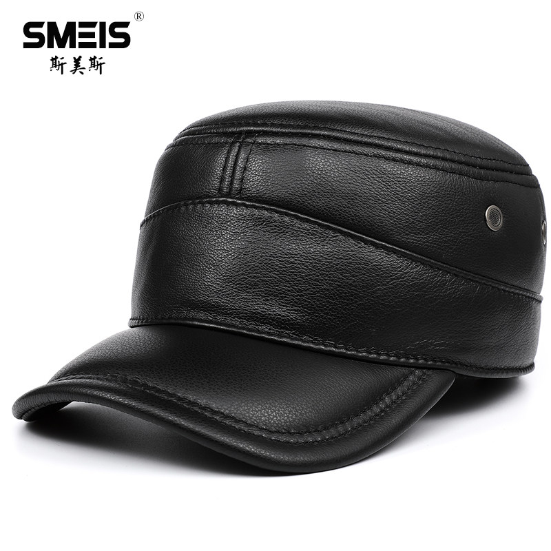 冬季真皮帽子男平顶帽鸭舌帽子海宁皮帽子牛皮护耳帽男士防寒保暖