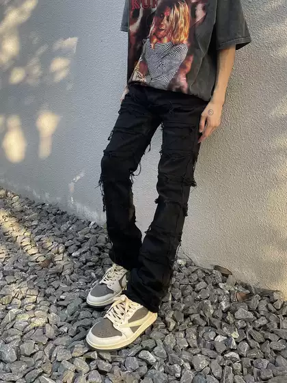 American Style New Patchwork Stretch Ripped Jeans High Street Trendy Dark Style Casual Long Pants for Men